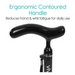 Close-up of the Vive Health Carbon Fiber Quad Canes black ergonomic contoured handle. Text above: Ergonomic Contoured Handle and below: Reduces hand & wrist fatigue for daily use. Designed to enhance comfort, this cane weighs less than 1 lb.