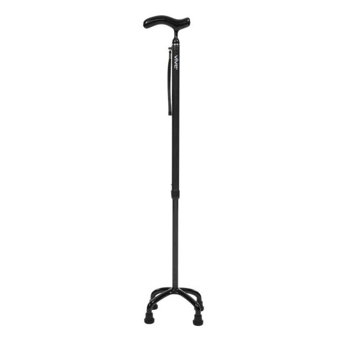 The Vive Health Carbon Fiber Quad Cane, weighing less than 1 lb, showcases a sleek black design with a T-shaped ergonomic grip and wrist strap. It features four rubber-tipped feet for enhanced stability and is crafted from durable carbon fiber.