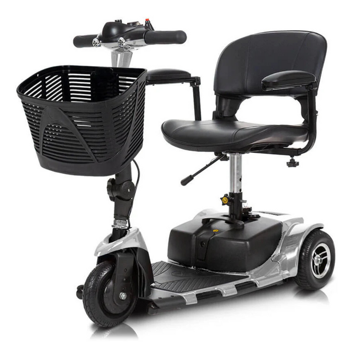 The Vive Health 3 Wheel Power Mobility Scooter - Long Range features a black and silver design, comfortable seating, three wheels for enhanced maneuverability, a front basket, and handlebars for easy steering.