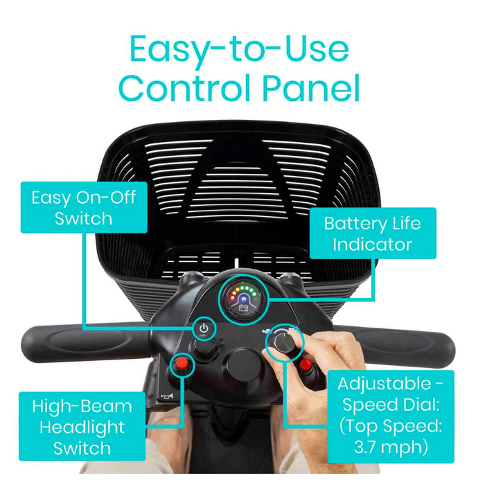 The control panel of the Vive Health 3 Wheel Power Mobility Scooter features an easy on-off switch, ample battery life indicator, high-beam headlight switch, and adjustable speed dial with a top speed of 3.7 mph, enhancing user-friendly maneuverability for longer rides.