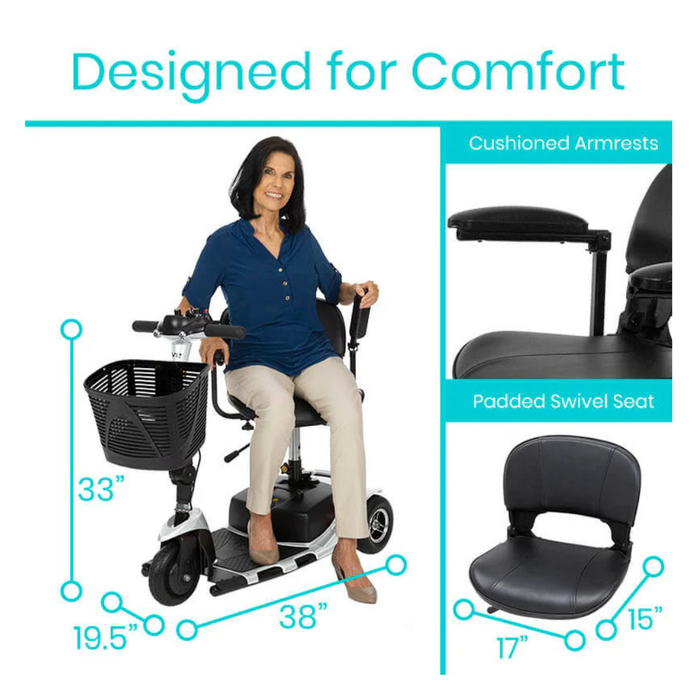 A woman sits comfortably on the Vive Health 3 Wheel Power Mobility Scooter - Long Range, featuring cushioned armrests and a padded swivel seat. Its compact size—33 height, 19.5 width, and 38 length—ensures maneuverability. Additional images highlight the armrest and seat details.