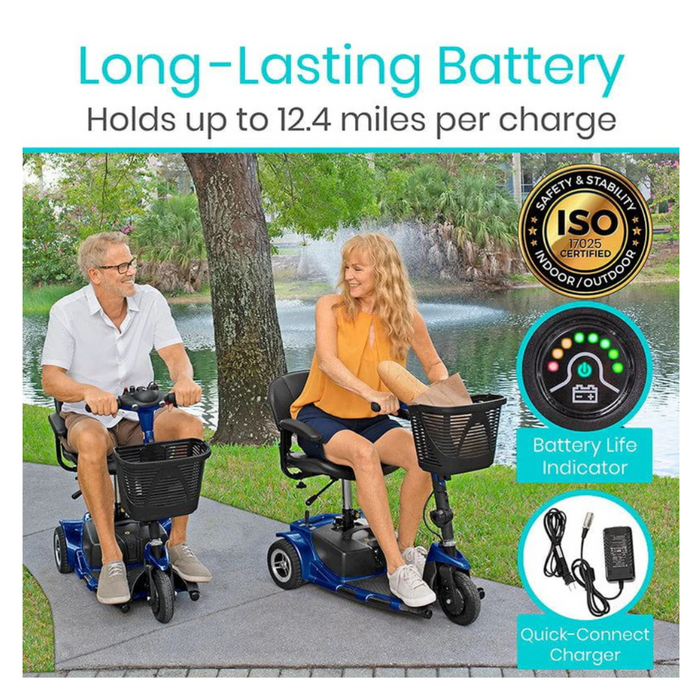 A senior couple rides the Vive Health 3 Wheel Power Mobility Scooter by a lakeside, smiling and enjoying their time. Text highlights the scooters long-lasting battery, with up to 12.4 miles per charge, and comfortable seating. Includes ISO certification badge plus images of a battery indicator and charger.