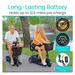 A senior couple rides the Vive Health 3 Wheel Power Mobility Scooter by a lakeside, smiling and enjoying their time. Text highlights the scooters long-lasting battery, with up to 12.4 miles per charge, and comfortable seating. Includes ISO certification badge plus images of a battery indicator and charger.