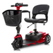 The Vive Health 3 Wheel Power Mobility Scooter - Long Range features a compact red design with comfortable seating, a black basket, and control handlebars. It offers excellent maneuverability indoors and outdoors thanks to its three-wheel setup.