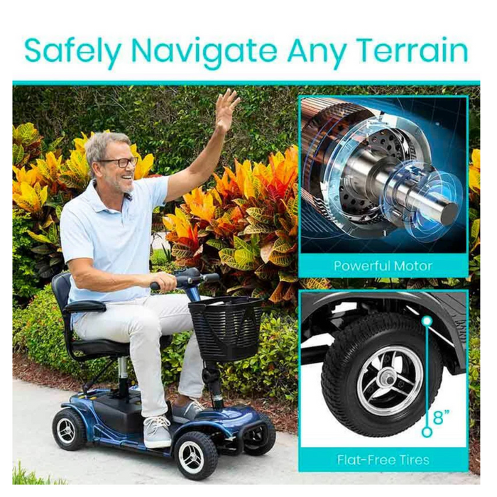 A man waves while riding a Vive Health 4 Wheel Electric Portable Mobility Scooter on a path. With a powerful motor, long-range battery, flat-free tires, and comfy swivel seating, it ensures you safely navigate any terrain.