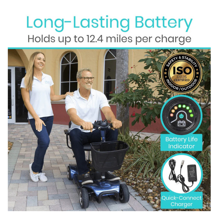 A man rides the Vive Health 4 Wheel Electric Portable Mobility Scooter highlighting Long-Range Battery. A woman walks beside him. The scooter boasts a 12.4-mile range per charge, comfortable swivel seat, battery life indicator, and quick-connect charger. ISO certification badge is visible.