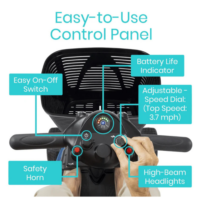 The Vive Health 4 Wheel Electric Portable Mobility Scooter features a control panel with labeled parts: long-range battery life indicator, adjustable speed dial (max 3.7 mph), easy on-off switch, safety horn, and high-beam headlights. Hands adjust the controls for a seamless ride experience.