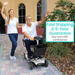 A man rides a Vive Health 4 Wheel Electric Portable Mobility Scooter with comfy swivel seating on a walkway, smiling and waving. A woman waves alongside. Text reads Fast Shipping & 5-Year Guarantee, Buy now with confidence. They are near a beige building with arched windows.