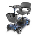 The Vive Health 4 Wheel Electric Portable Mobility Scooter features a blue design with a handlebar, comfortable swivel seating, and front storage basket. It offers easy indoor or outdoor transportation with its long-range battery.