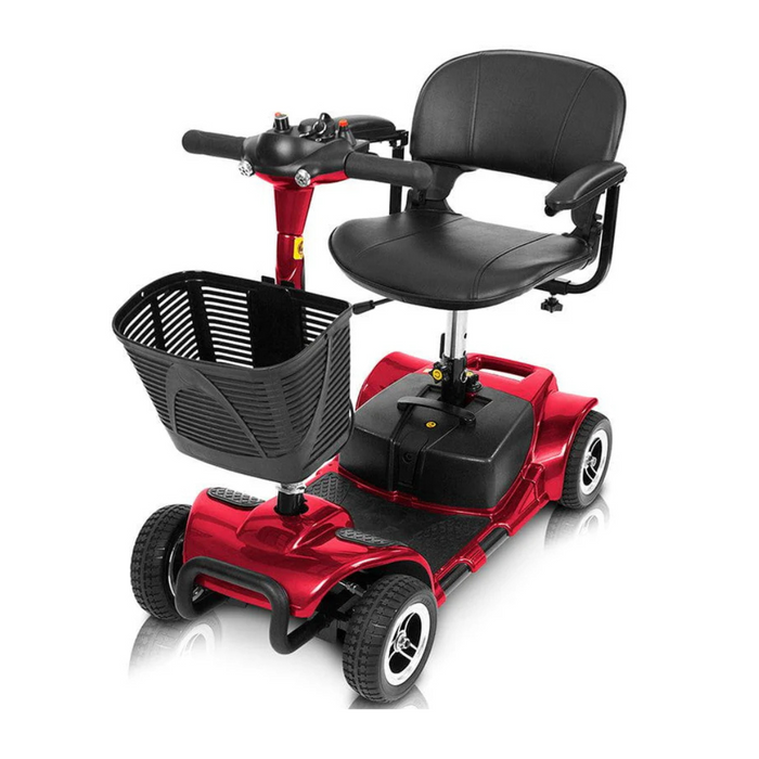 The Vive Health 4 Wheel Electric Portable Mobility Scooter in red offers a black cushioned swivel seat, a front basket, and handlebar controls for ease of use. Its ideal for those seeking reliable, long-range battery support on their travels.