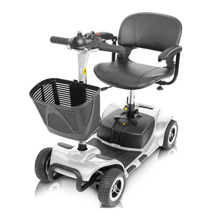 The Vive Health 4 Wheel Electric Portable Mobility Scooter in black and white features a comfortable swivel seat, handlebar controls, a front basket, and a long-range battery for extended travel without sacrificing comfort.