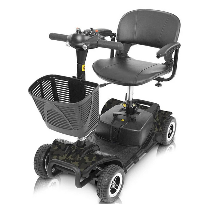 The Vive Health 4 Wheel Electric Portable Mobility Scooter boasts a black finish with swivel seating, armrests, and a front storage basket. It features four wheels and a camo-patterned base, offering both style and practicality.