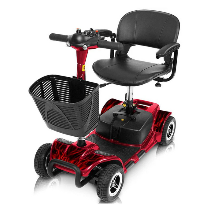 The Vive Health 4 Wheel Electric Portable Mobility Scooter includes a black seat, comfortable swivel seating, handlebars, and armrests. It features a red body with flame design on the footrest, four wheels for stability, a front basket for storage, and a long-range battery for extended rides.