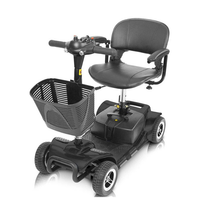 The Vive Health 4 Wheel Electric Portable Mobility Scooter is black and designed for both indoor and outdoor use. It features comfortable swivel seating with a padded seat, armrests, four wheels, a front basket, and handlebar controls with buttons in a compact, modern design.