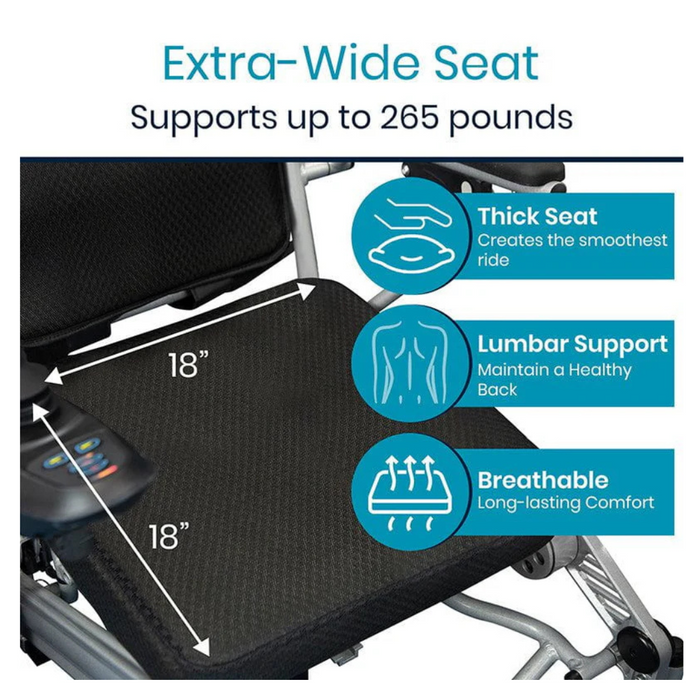 An extra wide seat comes standard withe the Vive Health Portable Power Wheelchair - Foldable & Long-Range Mobility MOB1029L and can accommodate up to 265 lbs