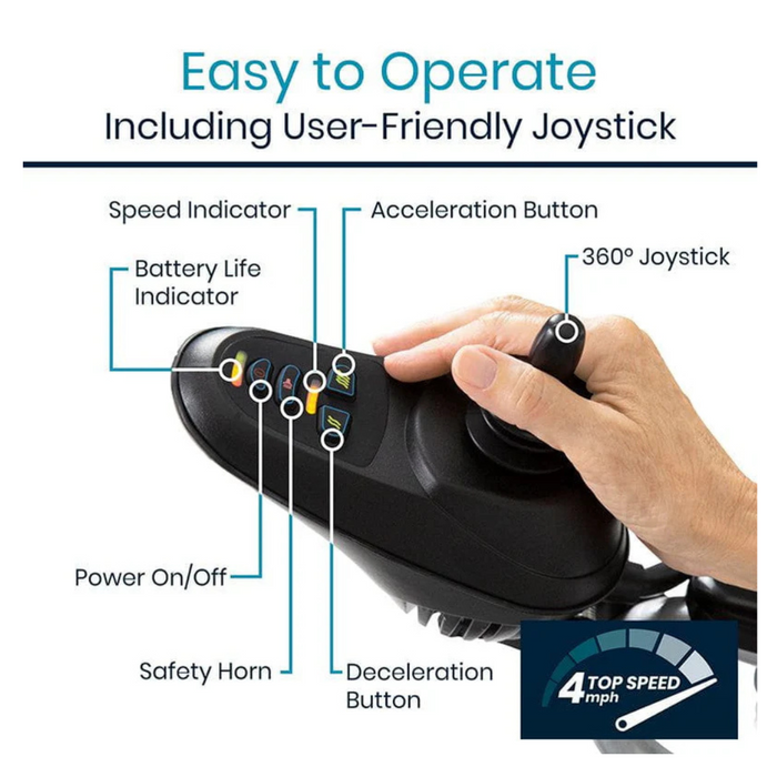 The versatile joystick of the Vive Health Portable Power Wheelchair - Foldable & Long-Range Mobility MOB1029L makes it easy to operate