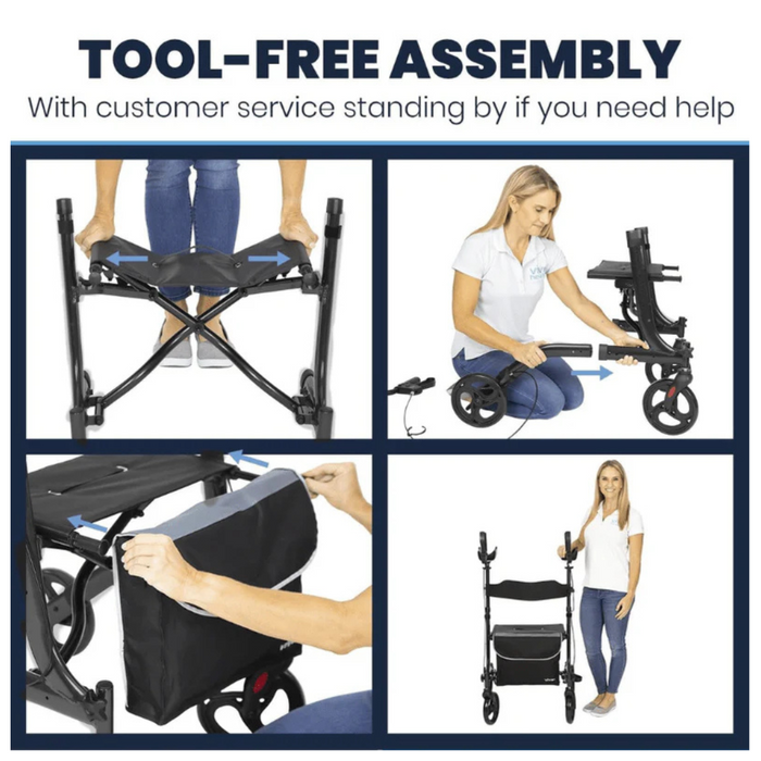 The Vive Health Upright Rollator - Portable Folding Rolling Walker has a tool-free assembly and can be assembled in 1 minute