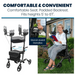 An elderly woman comfortably sits on the Vive Health Upright Rollator, featuring ergonomic hand grips, a padded backrest, and a seat. She reads outside using its stand-assist handles and adjustable height. It folds compactly for easy storage, ideal for convenience and mobility.