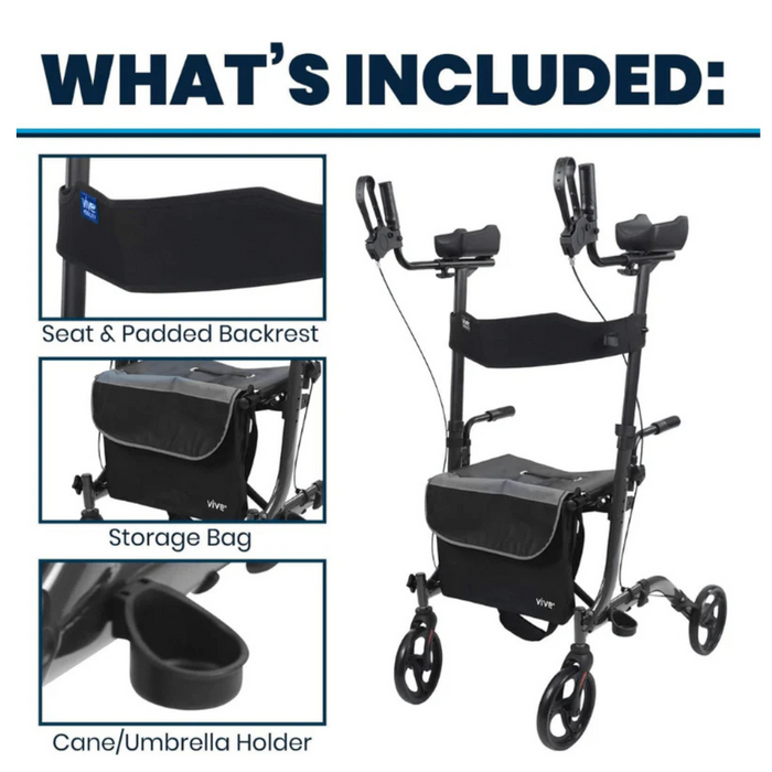 The Vive Health Upright Rollator - Portable Folding Rolling Walker includes a seat, backrest, storage bag and cane/umbrella holder