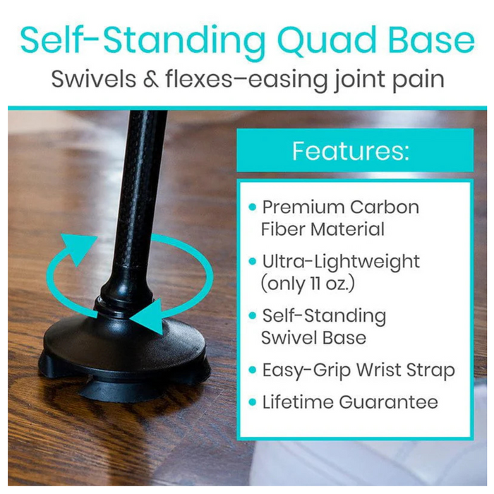 An image of the Vive Health Carbon Fiber Standing Cane, weighing only 1 lb, with a self-standing swivel base. Features include premium lightweight cane material, an easy-grip wrist strap, ultra-lightweight design at 11 oz, and a lifetime guarantee.