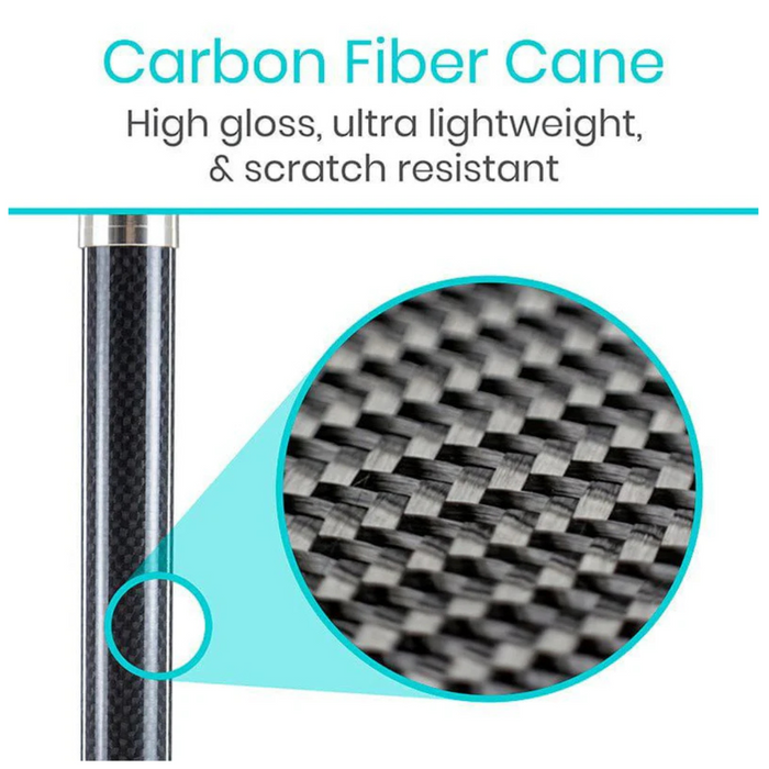 The image features the Vive Health Carbon Fiber Standing Cane, weighing just 1 lb, with a high gloss and ultra-lightweight design. Its scratch-resistant surface and textured pattern highlight its elegance and practicality for modern mobility needs.