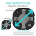 Diagram comparing a standard cane tip with Vive Healths slip-resistant tip. The Vive Health Carbon Fiber Standing Cane, ideal for adjustable canes, features an extra-wide base with four rubber sections, supports up to 220 lbs, and offers enhanced traction. Weighs only 1 lb.