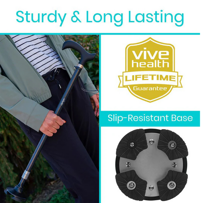 The image shows a person holding the 1 lb Vive Health Carbon Fiber Standing Cane with a curved handle. It features a slip-resistant base and promotes its Sturdy & Long Lasting quality with a Lifetime Guarantee.