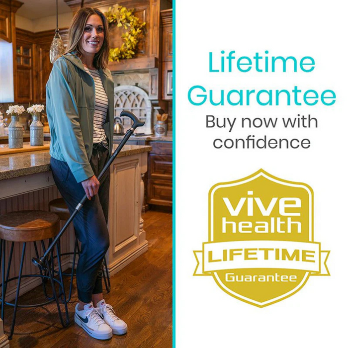 In a kitchen, a smiling woman holds the Vive Health Carbon Fiber Standing Cane, which weighs only 1 lb. Text reads: Buy now with confidence. A yellow shield logo displays Lifetime Guarantee.