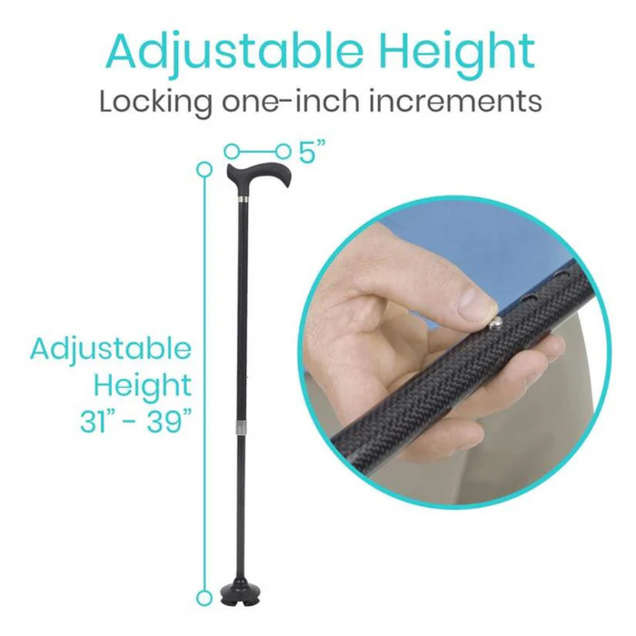 Image of a Vive Health Carbon Fiber Standing Cane featuring a lightweight design with an adjustable height from 31 to 39 inches, T-shaped handle, and sturdy four-pronged base. A close-up shows someone adjusting the secure locking mechanism.