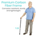 An older adult uses a Vive Health Carbon Fiber Cane, featuring a corrosion-resistant, ultra-light carbon fiber frame under 1 lb. It offers a non-slip tip for stability and an adjustable height for a perfect fit.