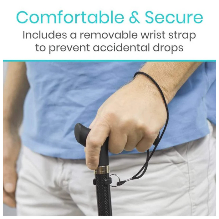 A person in a light blue shirt and beige pants holds the Vive Health Carbon Fiber Cane, which weighs less than 1 lb. It has a comfy grip, adjustable height, non-slip tip, and removable wrist strap to prevent drops. The words Comfortable & Secure are visible above.