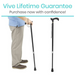 A person holds a black cane with an ergonomic handle and non-slip tip. Another stands upright, featuring adjustable height. Text reads: Vive Lifetime Guarantee. Purchase your Vive Health Carbon Fiber Cane - Weighs Less Than 1 lb now with confidence!.