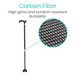 Image of the Vive Health Carbon Fiber Cane, weighing less than 1 lb, with a curved ergonomic handle. A circular close-up reveals its high-gloss texture and scratch-resistant durability.