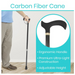 An individual is shown holding the Vive Health Carbon Fiber Cane, weighing less than 1 lb, with an ergonomic handle. The image highlights its non-slip tip, ultra-light premium build, and adjustable height on a wooden floor, offering stability and style indoors.