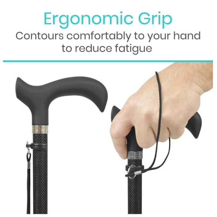 Image of two canes: one upright, the other held to display its grip and wrist strap. Text reads: Ergonomic Handle contours comfortably to reduce fatigue. The Vive Health Carbon Fiber Cane weighs less than 1 lb, offering durability while remaining ultra-light for ease of use.