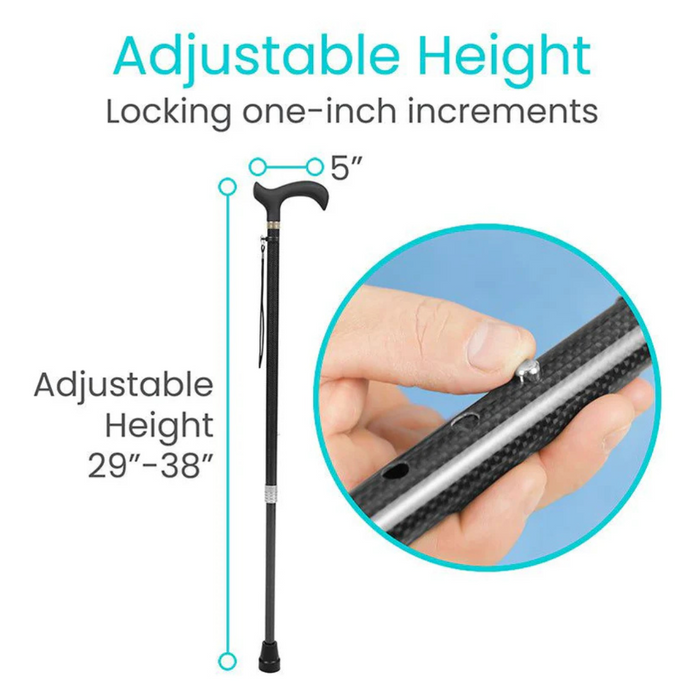 Image of a Vive Health Carbon Fiber Cane, weighing less than 1 lb. It features an adjustable height from 29 to 38 inches in one-inch increments, a black design, and a grip handle. A close-up showcases its sturdy locking mechanism and non-slip tip for enhanced safety.