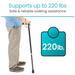 A waist-down image shows a person using the ultra-light Vive Health Carbon Fiber Cane, which weighs less than 1 lb and supports up to 220 lbs. It features a non-slip tip for safe and reliable walking assistance.