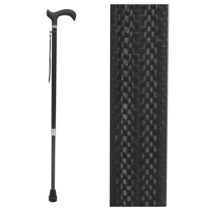 The Vive Health Carbon Fiber Cane, weighing under 1 lb, features an ergonomic handle and wrist strap. It includes a non-slip tip for safety, with a close-up of the sleek textured carbon fiber displayed on the images right side.