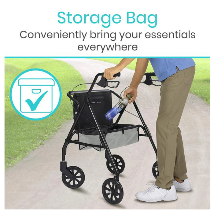 A person uses a Vive Health Folding Portable Bariatric Rollator (500 lb Cap) in black on a park path, placing a water bottle in the storage bag. The text above says, Storage Bag: Conveniently bring your essentials everywhere.