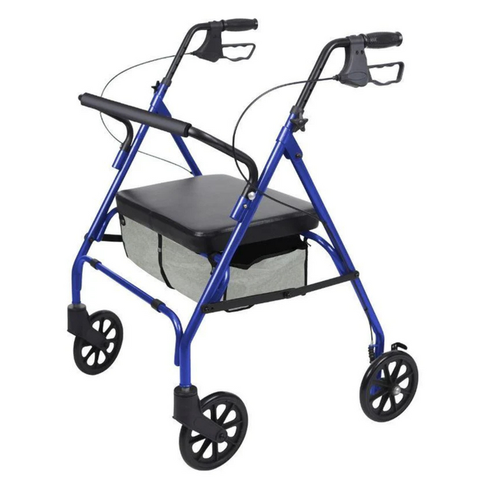 The Vive Health Folding Portable Bariatric Rollator is a blue mobility walker with a heavy-duty steel frame, four wheels, cushioned seat, and storage pouch. It provides reliable support for up to 500 lbs and features hand brakes and sturdy handles for comfort.