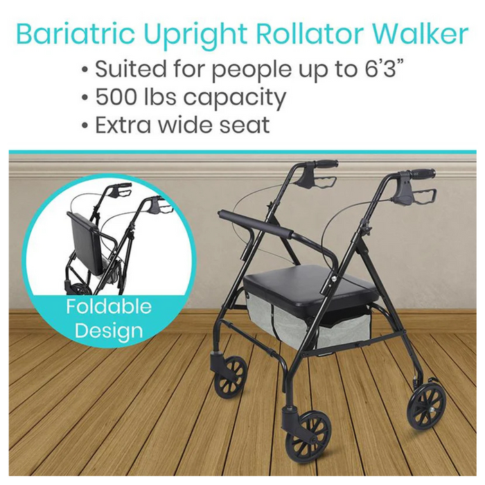 The Vive Health Folding Portable Bariatric Rollator, with a heavy-duty steel frame and design, supports users up to 63 and 500 lbs. It features an extra-wide seat and foldable design, showcased on a wooden floor background.