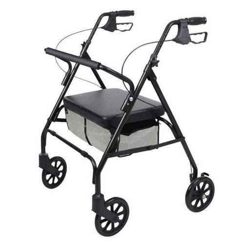 The Vive Health Folding Portable Bariatric Rollator is black, has four wheels, adjustable handles, a secure locking brake system, and features a seat with a storage compartment beneath for convenient mobility support.