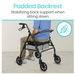 A man sits on the Vive Health Folding Portable Bariatric Rollator, highlighting its padded backrest and stabilizing heavy-duty steel frame with a 500 lb capacity. The light background and feather icon symbolize unmatched comfort and mobility support.