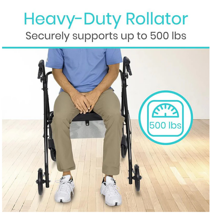 In a bright room, a person sits comfortably on the Vive Health Folding Portable Bariatric Rollator, designed with a heavy-duty steel frame to offer exceptional mobility support and accommodate up to 500 lbs, emphasizing its impressive weight capacity.