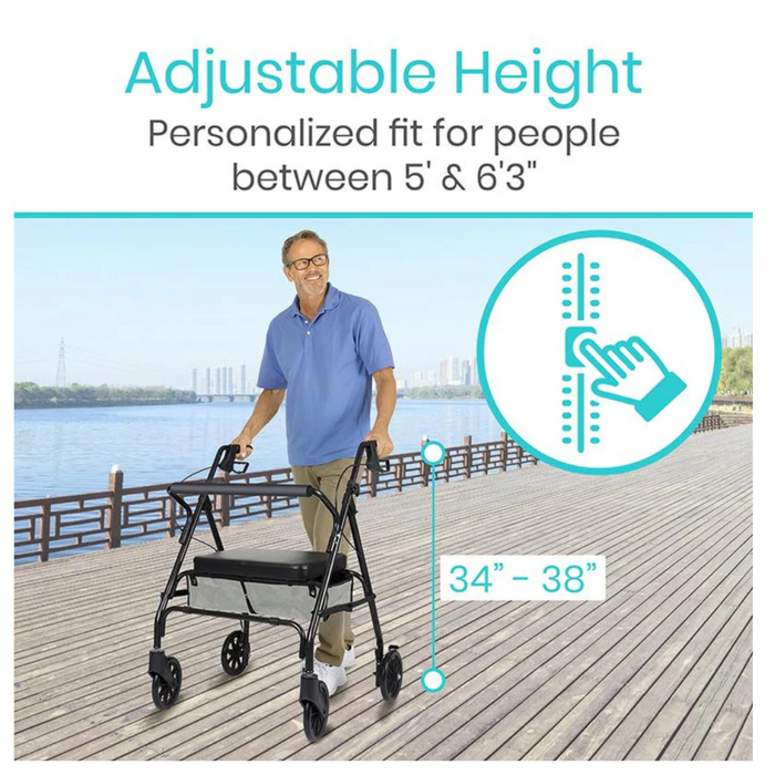 A man uses the Vive Health Folding Portable Bariatric Rollator with a heavy-duty steel frame, adjustable for individuals 5 to 63, on a riverside path. An illustration shows its height range of 34 to 38, ideal for mobility support, with a 500 lb capacity.