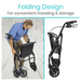 A man folds a black Vive Health Folding Portable Bariatric Rollator, showcasing its compact design and mobility support. The text above reads, Folding Design for convenient traveling & storage, against a white brick wall backdrop.