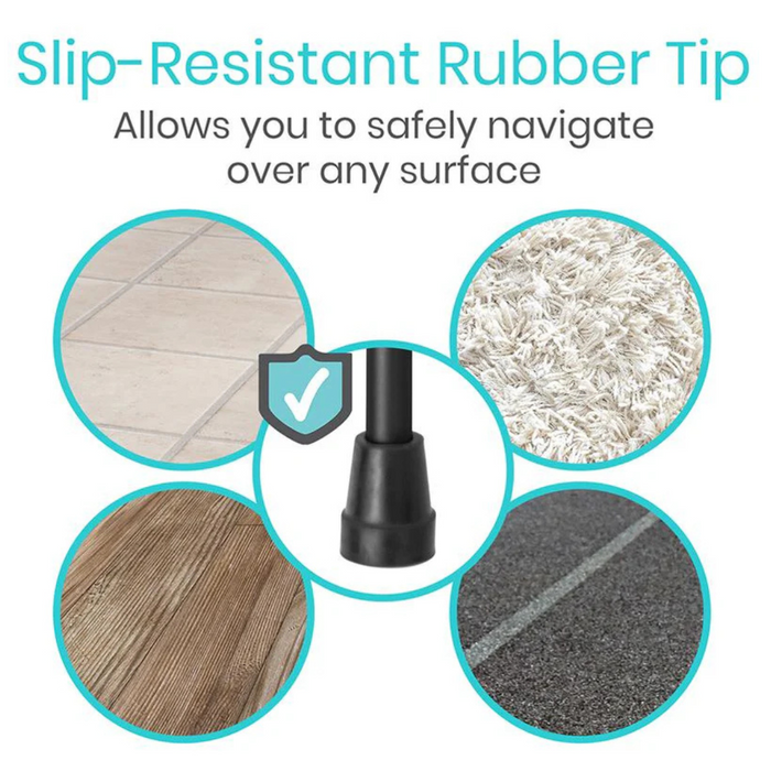 Image of a slip-resistant rubber tip from the Vive Health Folding Offset Cane - Height Adjustable. Four circular images show different surfaces: tile, carpet, wood, and pavement. Text reads, Safely navigate over any surface.