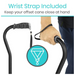 Close-up of a hand holding a lightweight black aluminum Vive Health Folding Offset Cane with wrist strap. Text reads, Wrist Strap Included and Keep your adjustable cane close at hand. An icon features a stylized drop beneath a triangle.