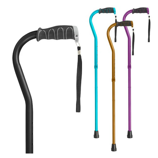 The Vive Health Folding Offset Cane, available in black, blue, and purple, features black foam handles and wrist straps. Each height-adjustable cane has a non-slip rubber tip for stability and can stand upright.