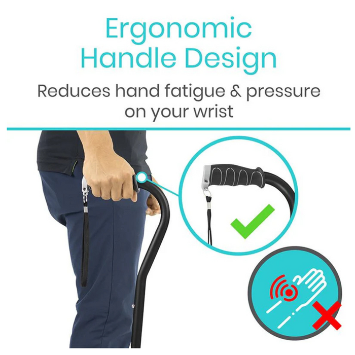 A person holds the Vive Health Folding Offset Cane, showcasing its ergonomic curved handle. Above, the text states, Ergonomic Handle Design Reduces hand fatigue & pressure on your wrist, accompanied by a check mark and a crossed-out hand icon to highlight proper grip technique.